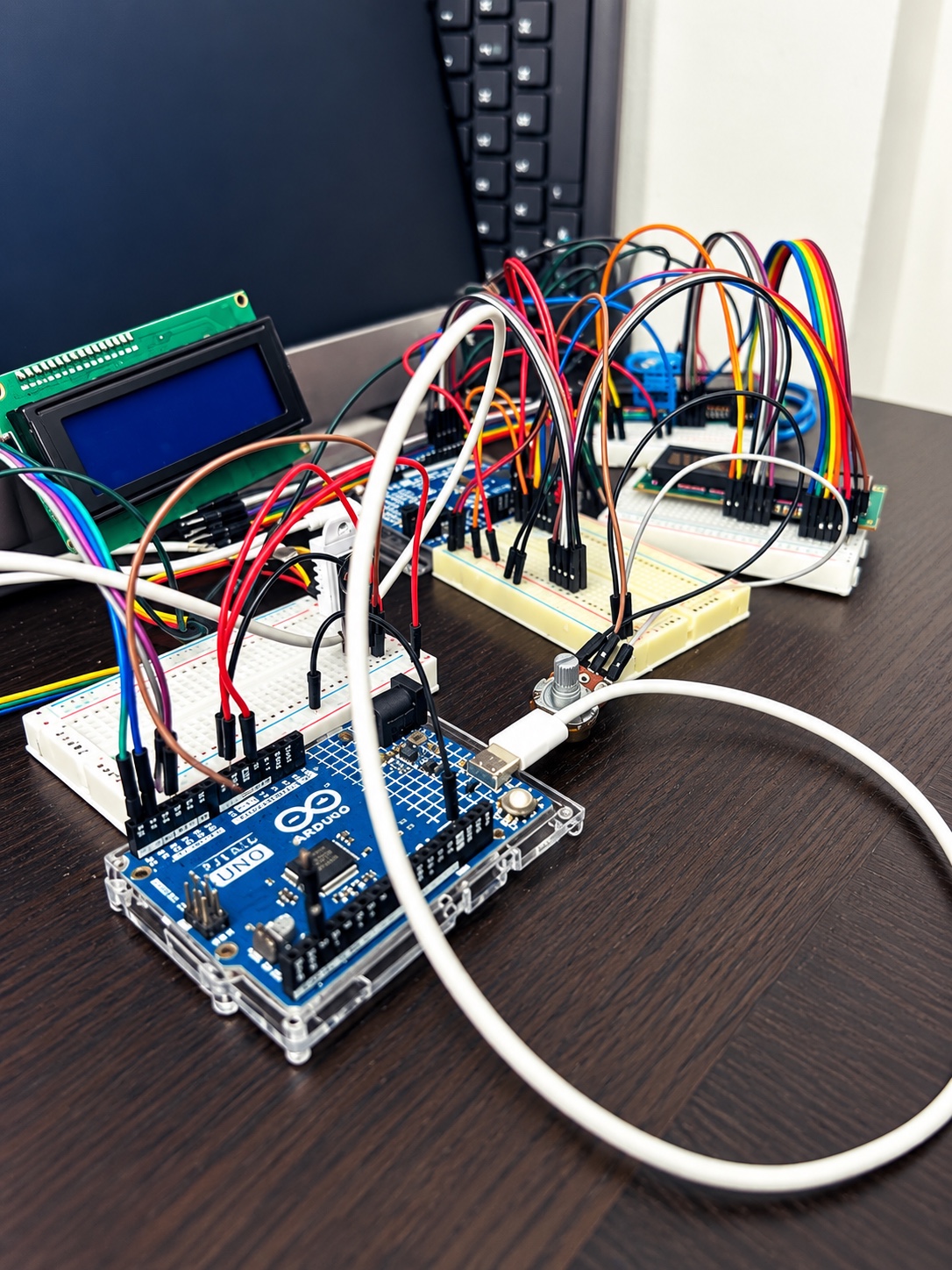 An Arduino wired up and running mid-project