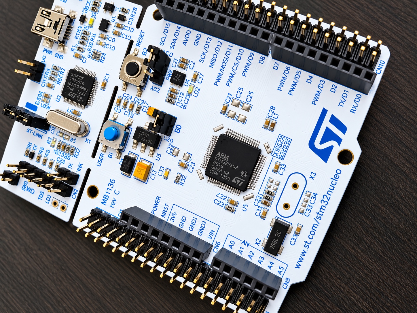 An STM32 board on the bench