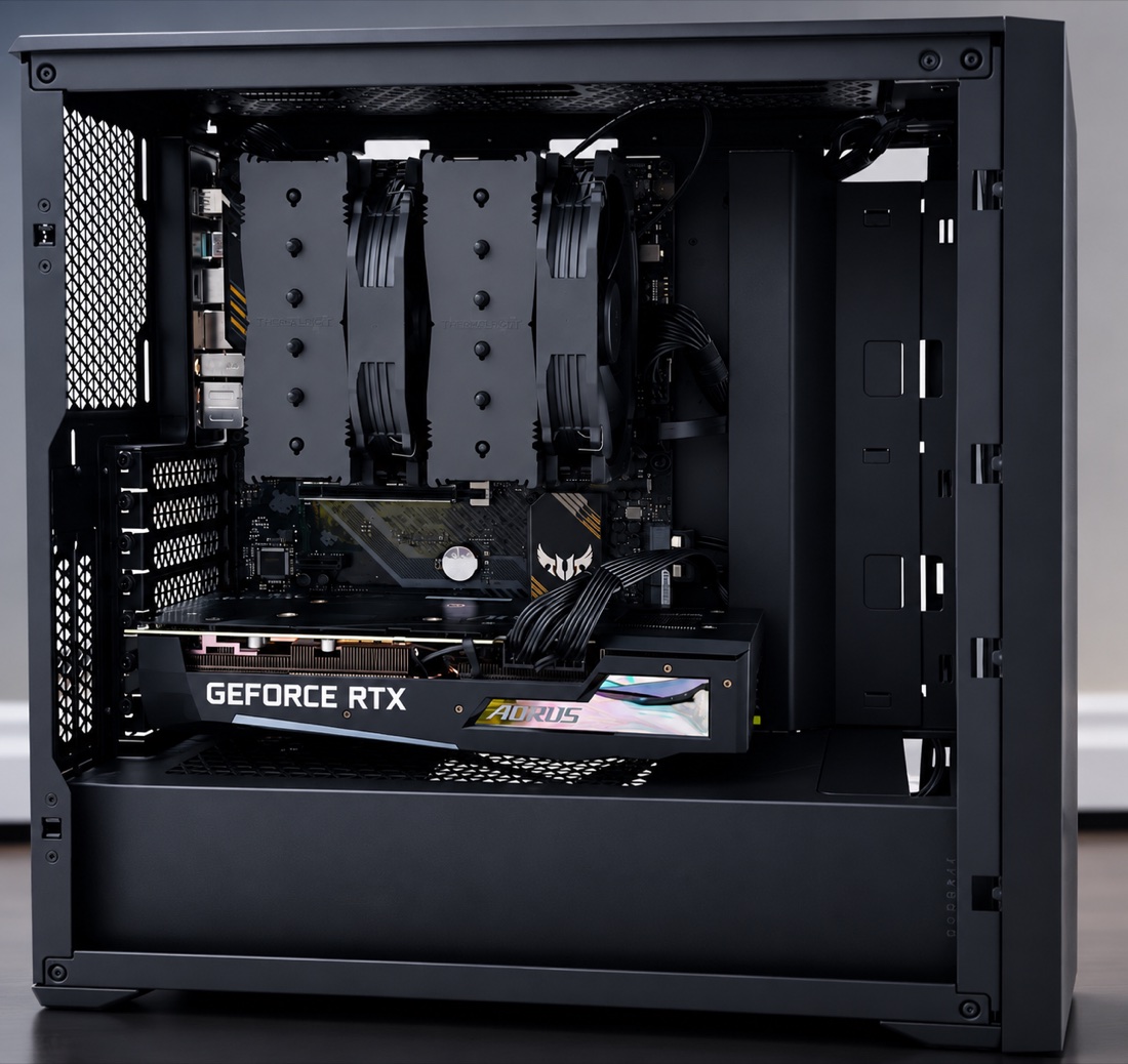 An open mid-tower case showing a dual-tower air cooler, motherboard and graphics card
