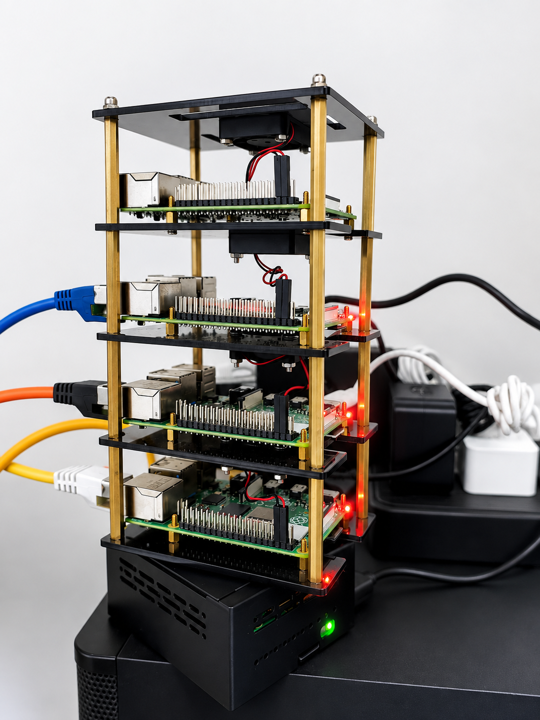 Single-board computers stacked in an open acrylic frame on brass standoffs, each wired to the network